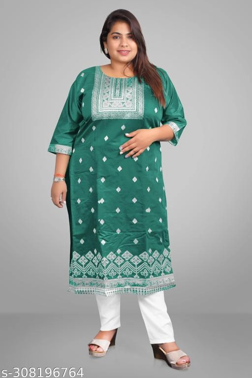 Chanderi Cotton Embroidered Kurti with Pant for Women (Green, XL)