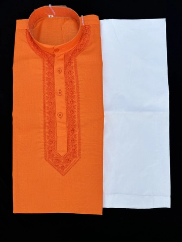 Cotton Full Sleeves Embroidered Kurta Set for Men (Orange & White, M)