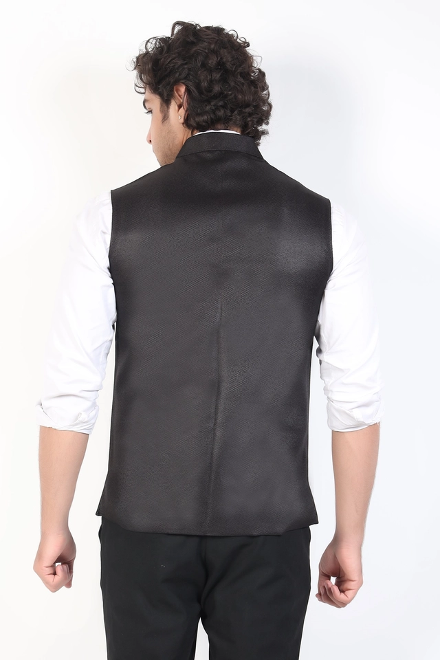 Jute Khadi Solid Waistcoat for Men (Black, M)