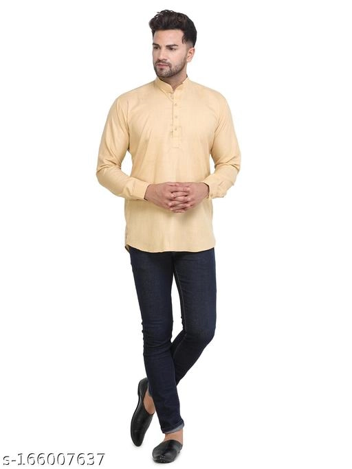 Cotton Blend Solid Short Kurta for Men (Beige, S)