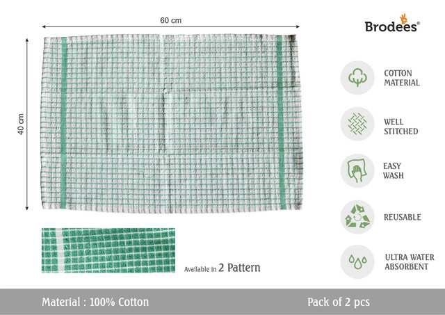 Brodees Cotton Mini Check Terry Kitchen Towel (Pack of 2, Green and White) (RI-9)