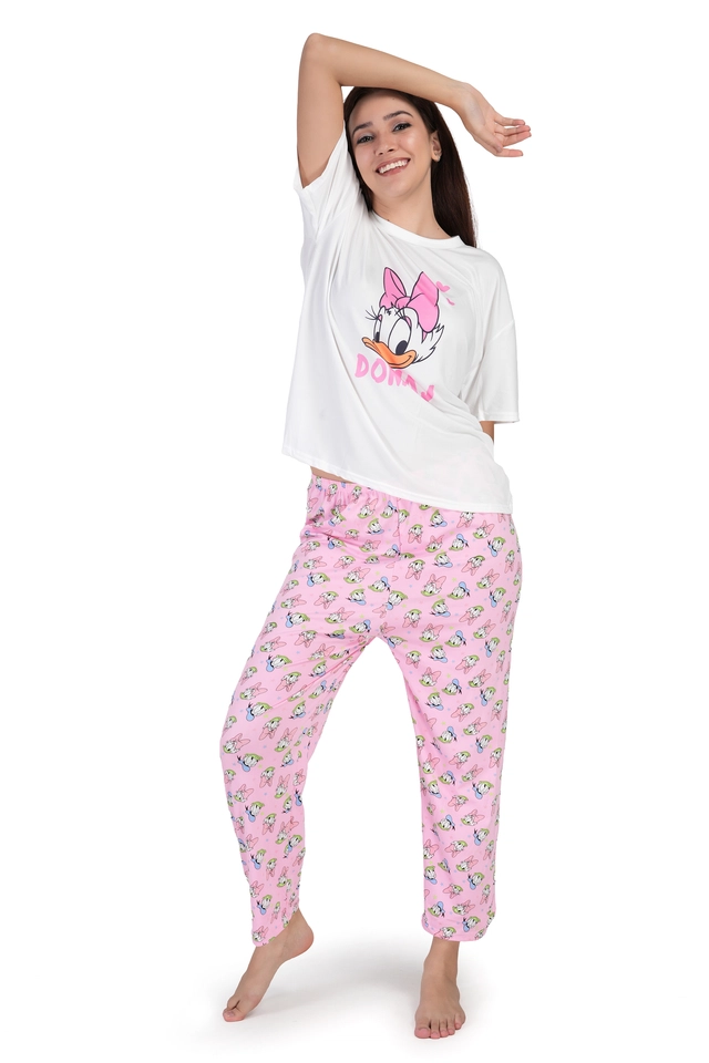 Cotton Printed Nightsuit for Women (White & Pink, Free Size)