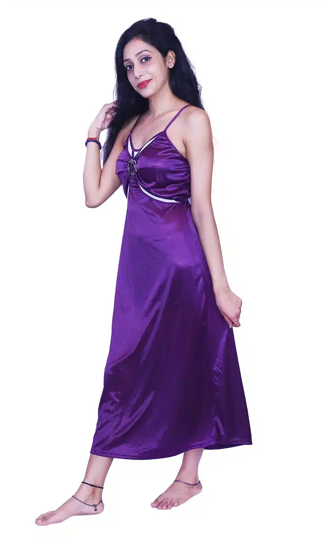 Satin Self Design Night Dress for Women (Purple, Free Size)