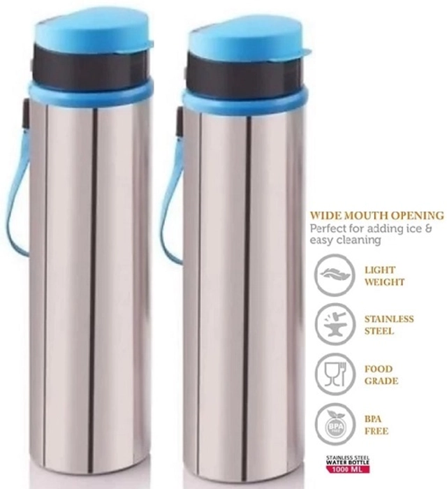 Stainless Steel Water Bottle (Silver & Blue, 900 ml) (Pack of 2)