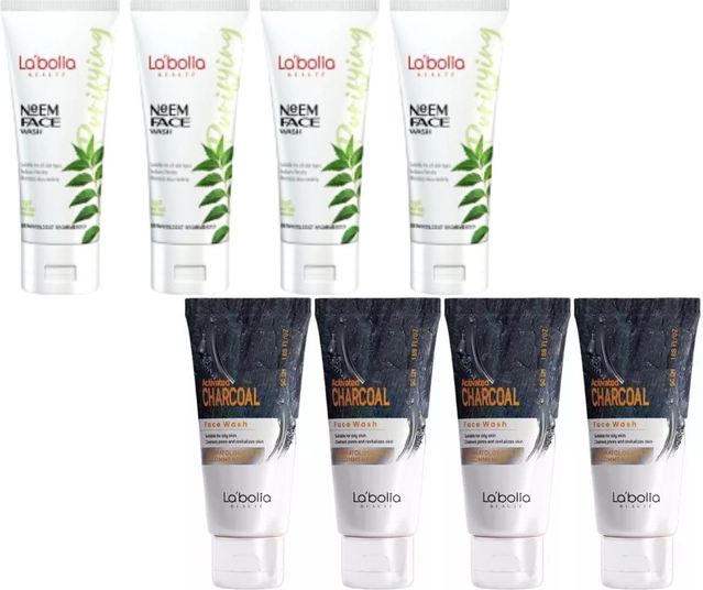 Combo of Labolia Beaute 4 Pcs Neem & 4 Pcs Activated Charcoal Face Washes (50 g, Set of 8)