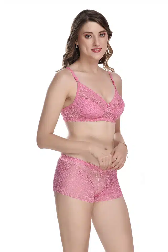 Women's Bra and Panty Set (Baby Pink & Green, 38) (Set of 2) (F-2272)