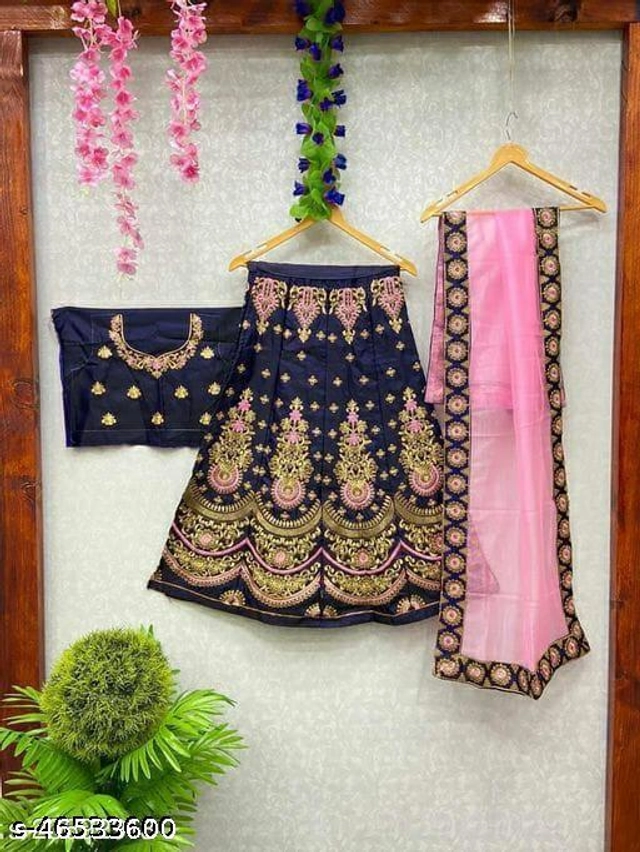 Satin Embroidered Lehenga with Choli & Dupatta for Girls (Blue & Pink, 2-3 Years)