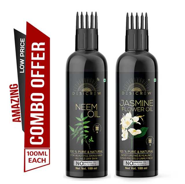 Desi Crew Pure Neem Oil & Jasmine Flower Oil For Skin, Body & Hair Care (Pack Of 2, 100 ml) (KGE-264)