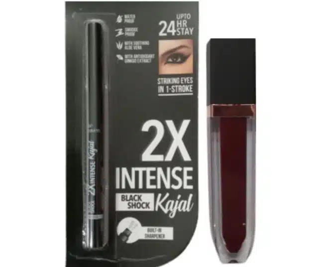 Matte Lip Gloss with Waterproof Kajal  (Maroon & Black, Set of 2)