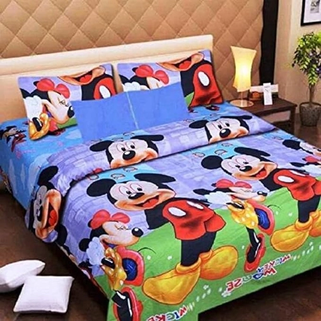 Mickey Mouse Cotton Printed Double Bedsheet With 2 Pillow Covers (Aqua Blue, 230 Cm X230 Cm)