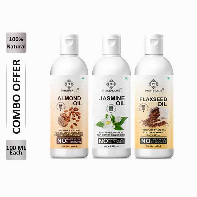 PuriFlame Pure Almond Oil (100 ml) & Jasmine Oil (100 ml) & Flaxseed Oil (100 ml) Combo For Rapid Hair Growth (Pack Of 3) (B-1735)