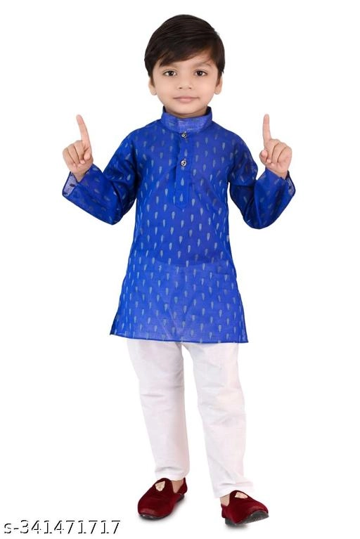 Cotton Blend Printed Kurta with Pyjama for Boys (Blue & White, 0-3 Months)