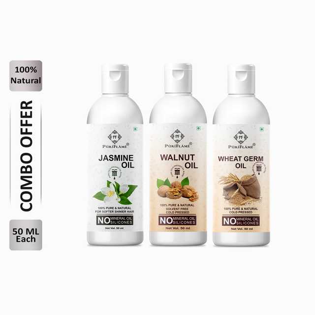 Puriflame Pure Jasmine Oil (50 ml), Walnut Oil (50 ml) & Wheat Germ Oil (50 ml) Combo for Rapid Hair Growth (Pack of 3) (B-11348)