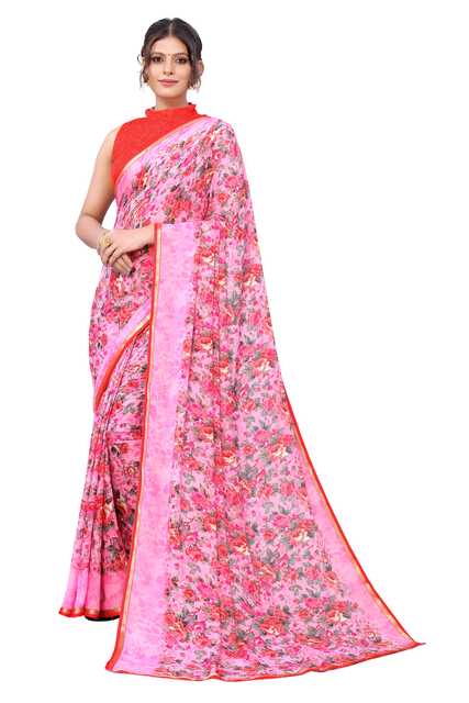 Women Georgette Printed Saree With Unstitched Blouse (Pink) (SD-3)