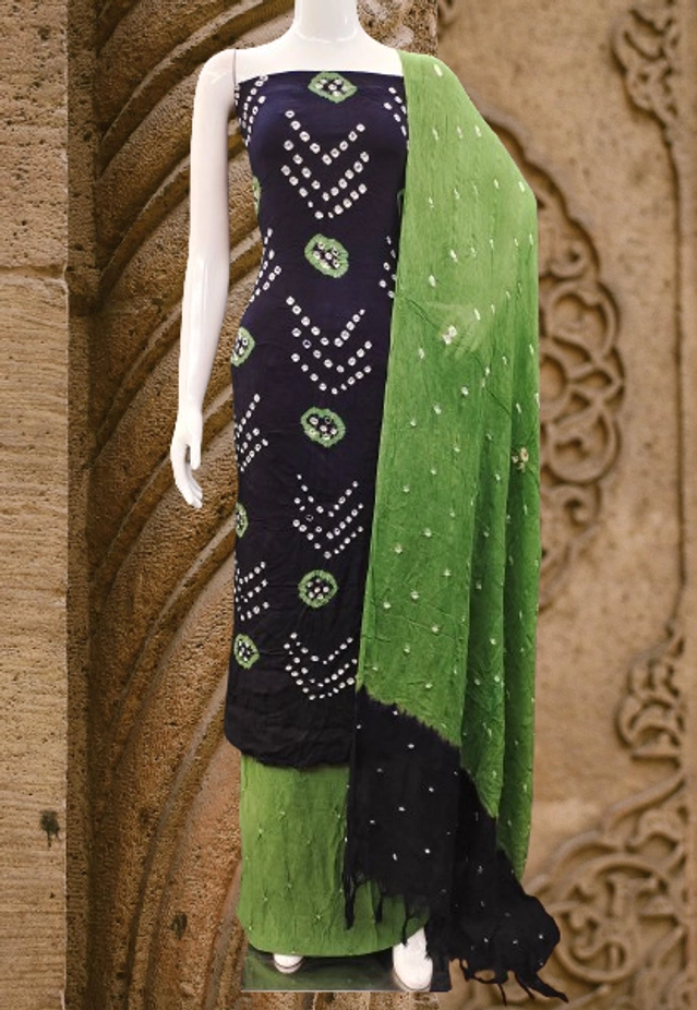 Rayon Bandhani Unstitched Suit Fabric for Women (Black & Green, 2.3 m)