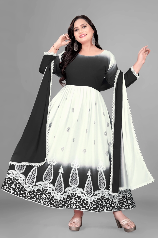 Jute Silk Ethnic Motif Gown with Dupatta for Women (Black & White, S)