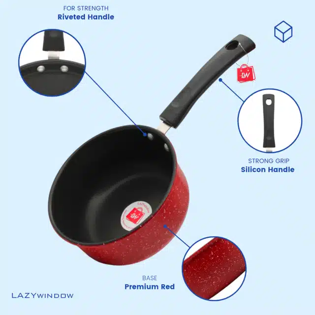 LAZYwindow Metal Nonstick Sauce Pan with Whisker (Pack of 2) (Red, 1.5 L)