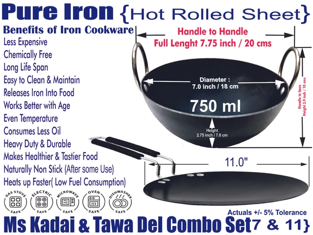 Iron Non Coated Kadai (0.75 L) & Tawa (Black, Set of 2)