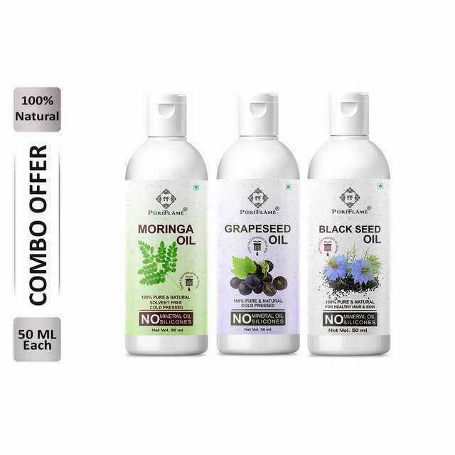 Puriflame Pure Moringa Oil (50 ml), Grapeseed Oil (50 ml) & Black Seed Oil (50 ml) Combo for Rapid Hair Growth (Pack Of 3) (B-11794)