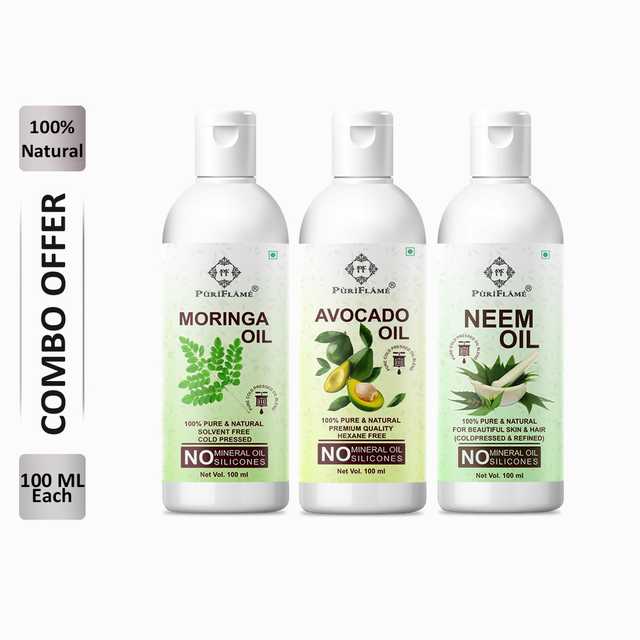 PuriFlame Pure Moringa Oil (100 ml) & Avocado Oil (100 ml) & Neem Oil (100 ml) Combo For Rapid Hair Growth (Pack Of 3) (B-5392)