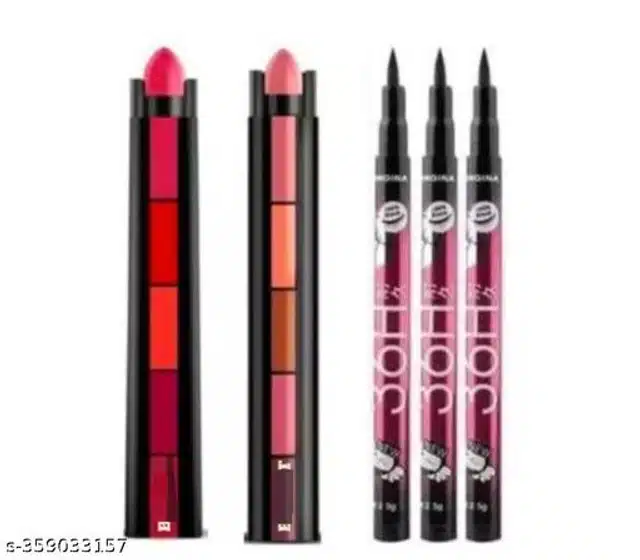 Combo of Mini 5-in-1 Lipsticks with 3 Pcs Eyeliner (Multicolor, Set of 2)