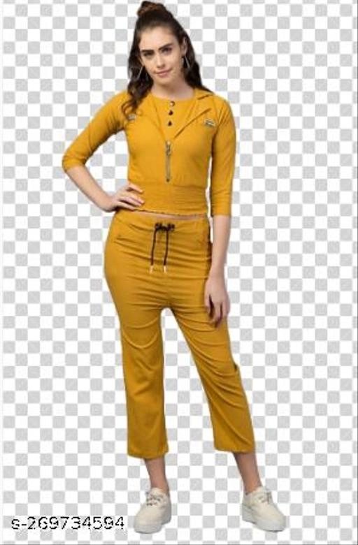 Cotton Blend Solid Top & Bottom Set for Women (Mustard, XL)