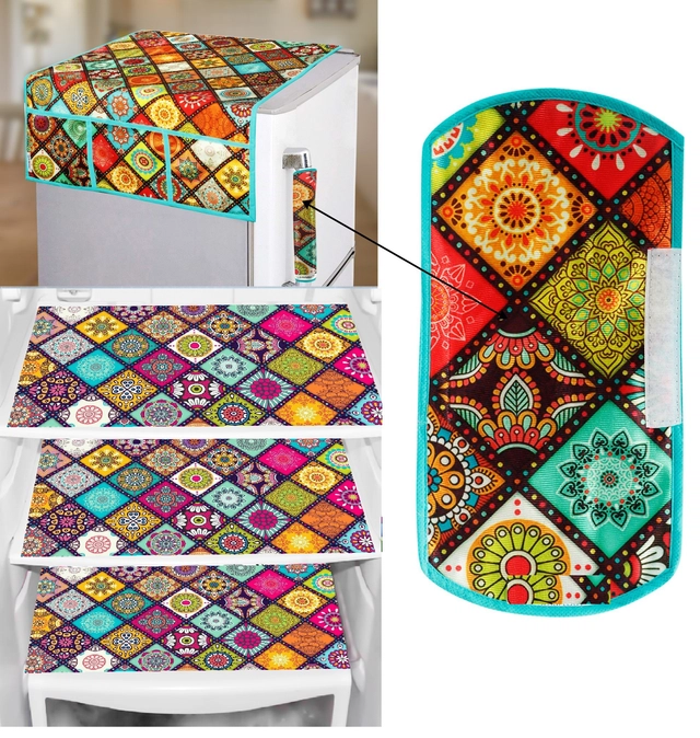 PVC Fridge Top Cover with 6 Utility Pockets & Handle Cover with 3 Pcs Shelf Mats (Multicolor, Set of 1)