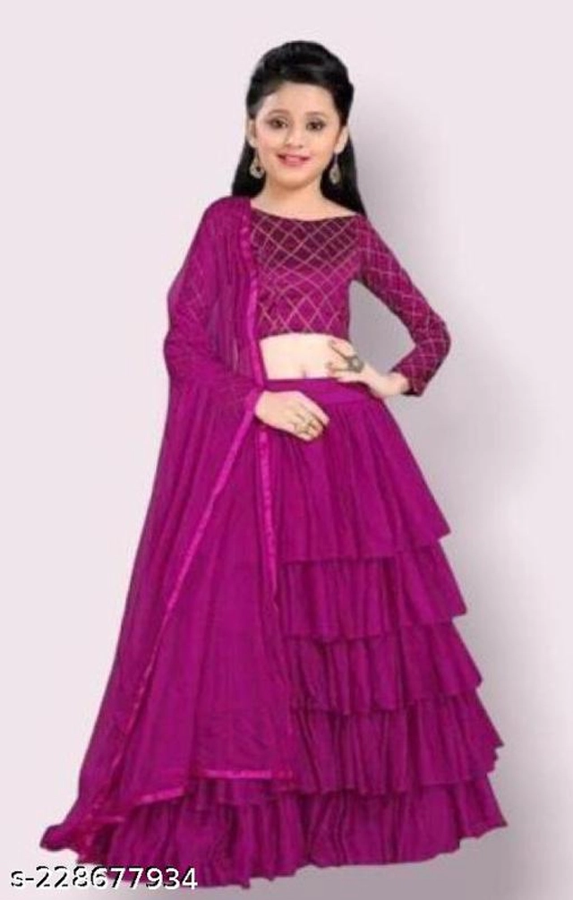 Net Solid Lehenga Choli with Dupatta for Girls (Purple, 1-2 Years)