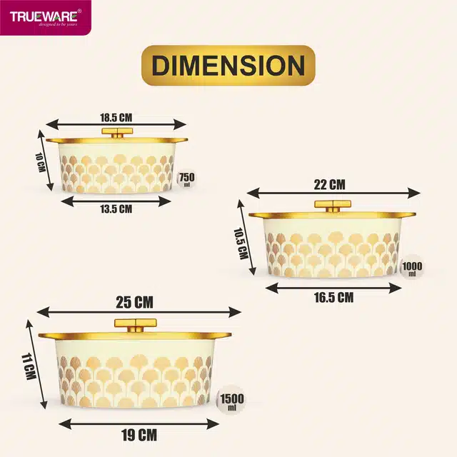 Combo of 750 ml, 1000 ml & 1500 ml Casserole with Lid (Gold & Off White, Pack of 3)