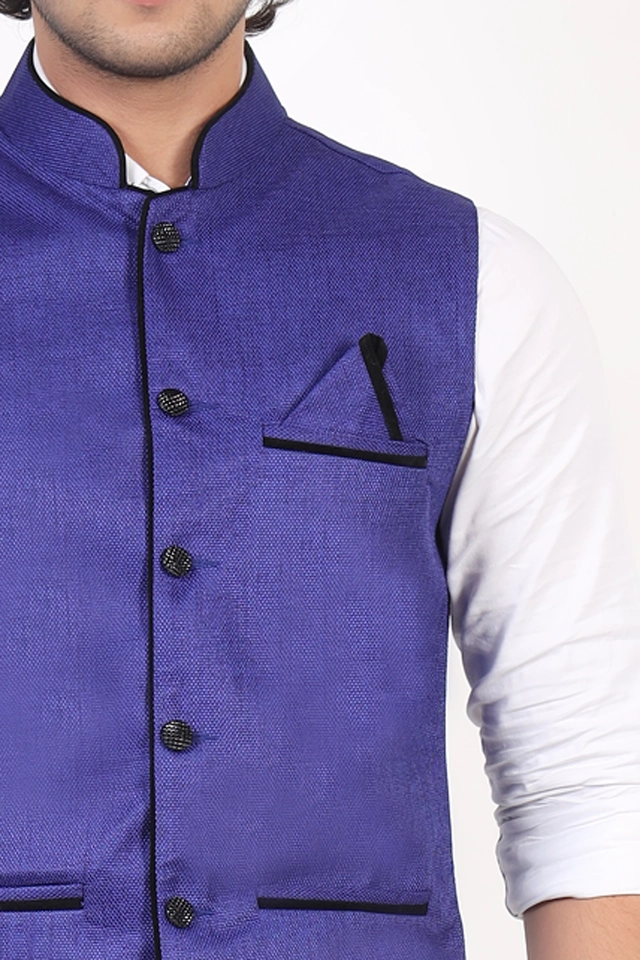 Jute Khadi Solid Waistcoat for Men (Blue, M)