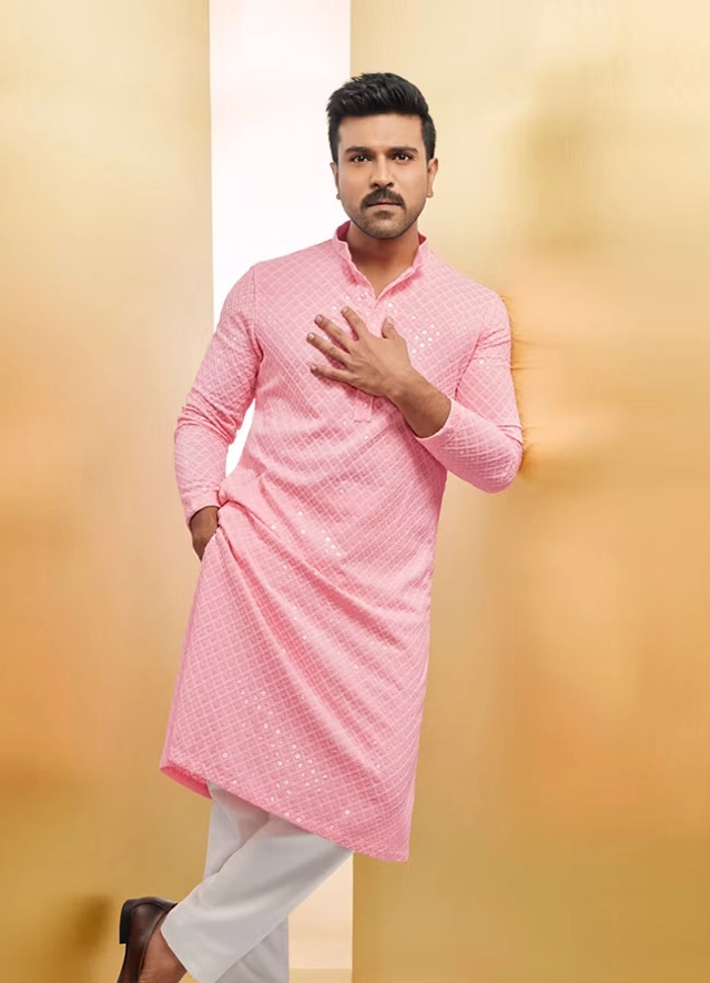 Cotton Blend Embroidered Kurta for Men (Pink, S)