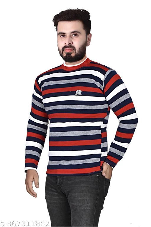 Woolen Striped Sweater for Men (Red, M)