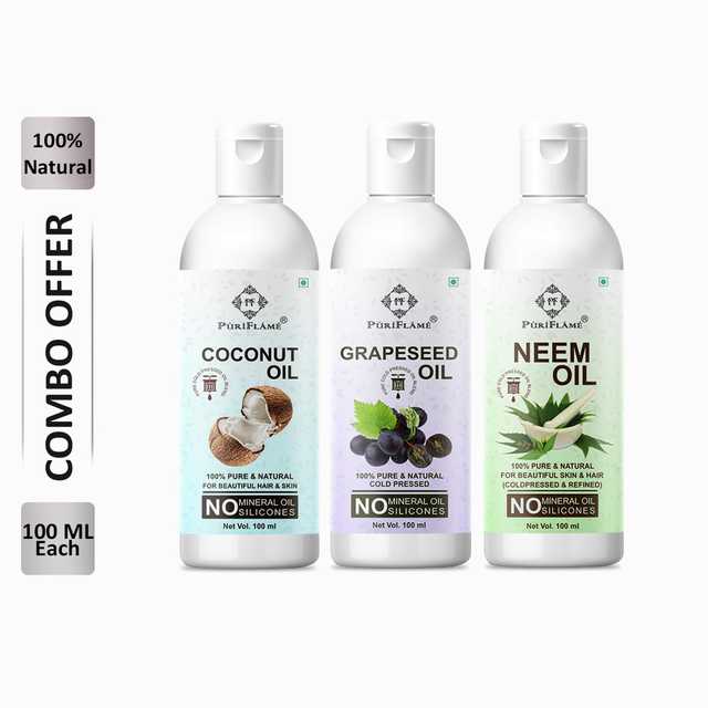 PuriFlame Pure Coconut Oil (100 ml) & Grapeseed Oil (100 ml) & Neem Oil (100 ml) Combo For Rapid Hair Growth (Pack Of 3) (B-3773)