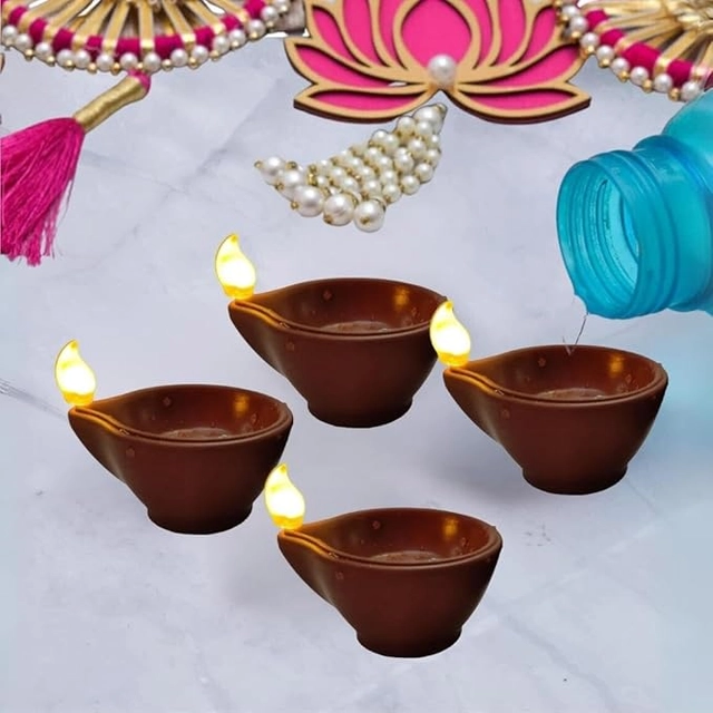 Plastic Traditional Water Sensor LED Diya for Diwali (Brown, Pack of 12)