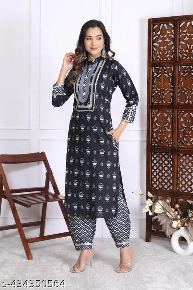 Cotton Printed Kurti with Pant for Women (Black, S)