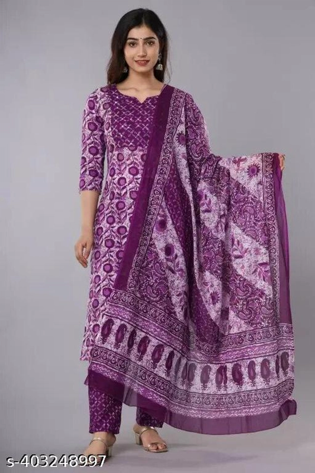 Rayon Printed Kurti with Pant for Women (Purple, S)