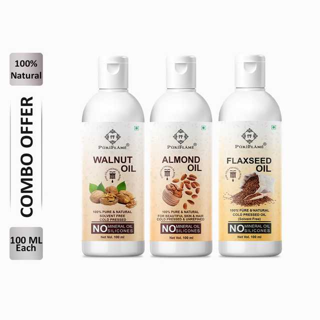 PuriFlame Pure Walnut Oil (100 ml) & Almond Oil (100 ml) & Flaxseed Oil (100 ml) Combo For Rapid Hair Growth (Pack Of 3) (B-7746)