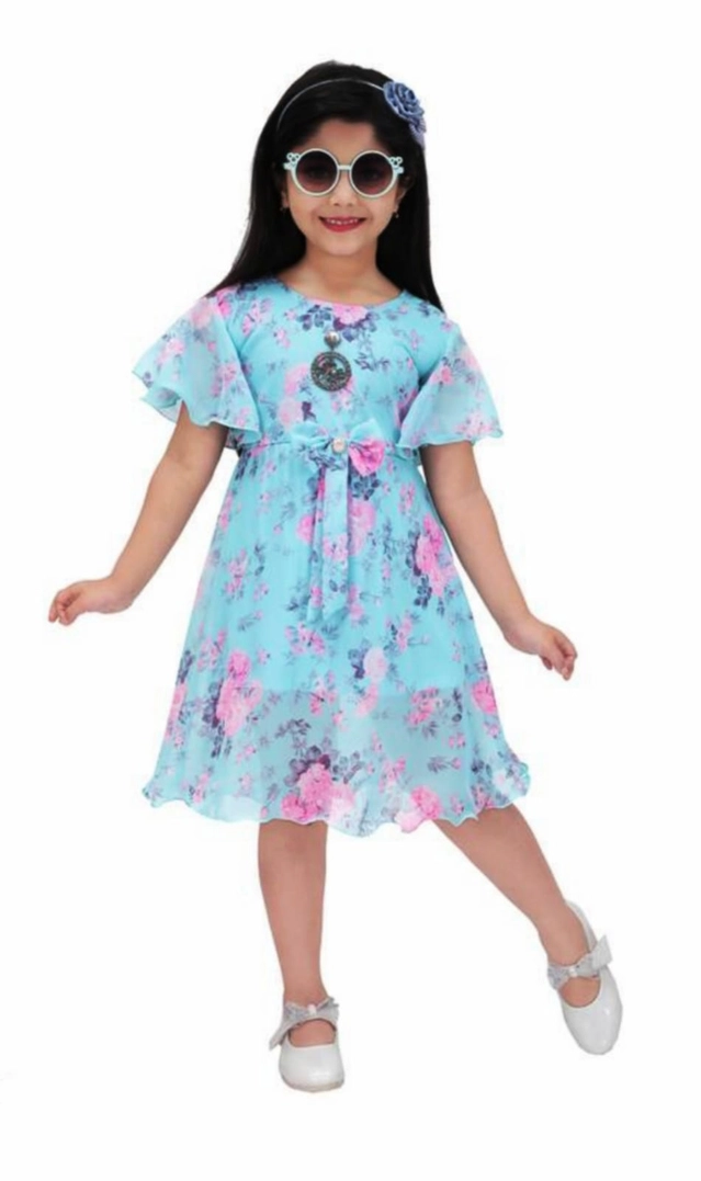 Georgette Printed Frock for Girls (Blue, 3-4 Years)