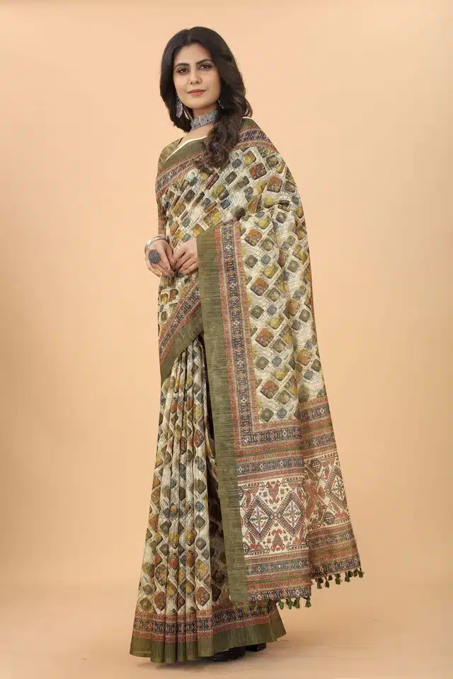 Cotton Linen Saree for Women (Beige, 6.1 m)