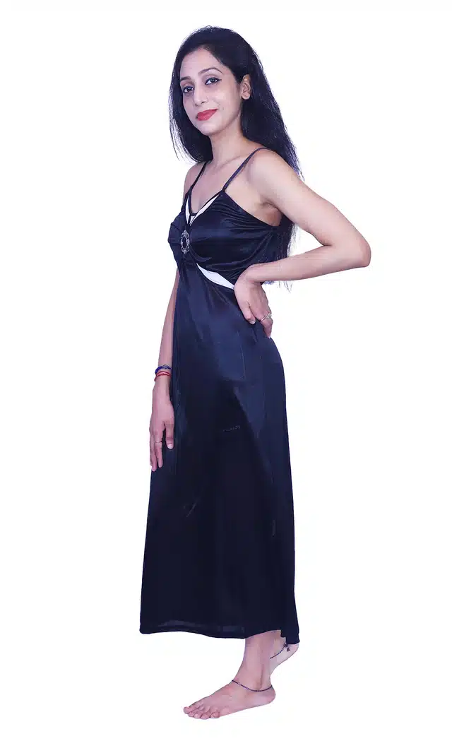 Satin Self Design Night Dress for Women (Black, Free Size)