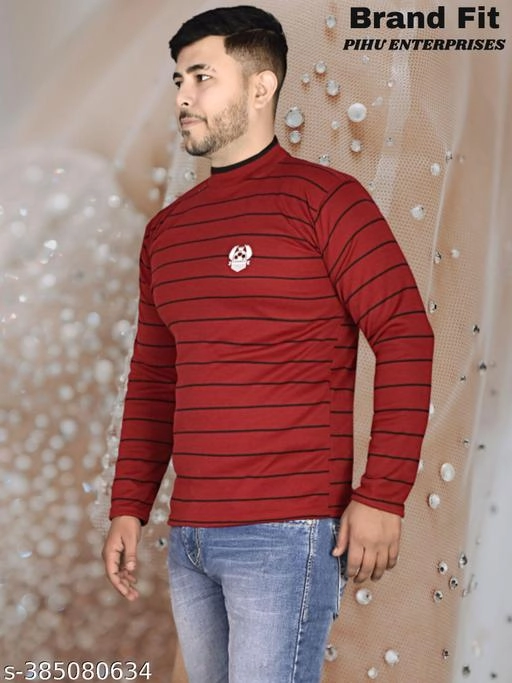 Acrylic Striped Sweater for Men (Red, M)