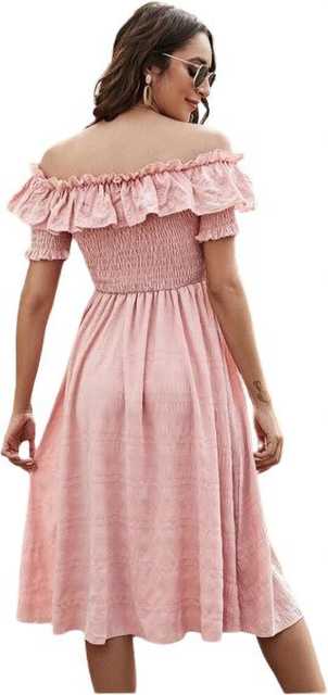 Stylish New Crepe Women Solid Off Shoulder Dress (Pink, XS) (ITN-100)
