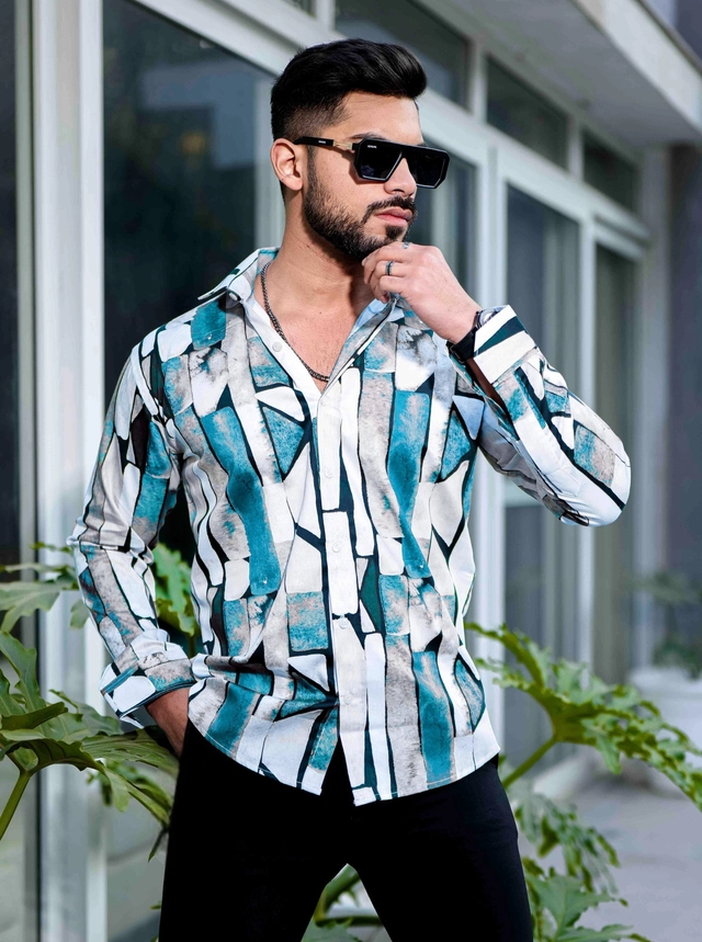 Full Sleeves Printed Shirt for Men (Green & White, S)