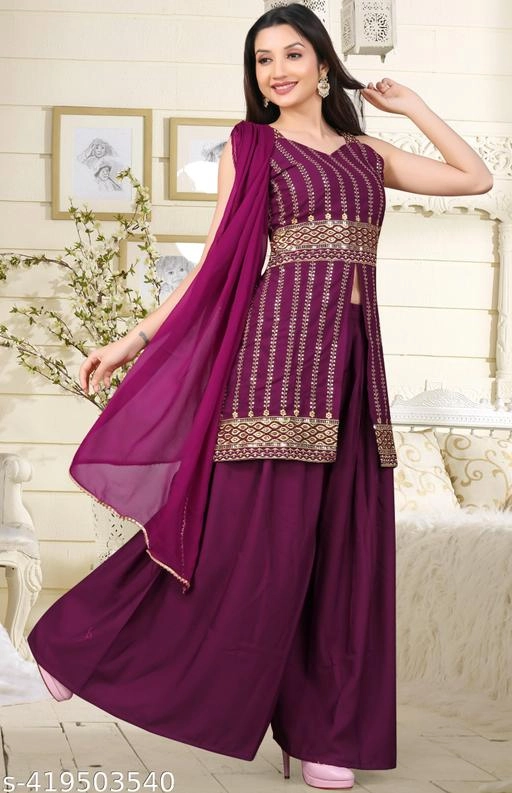 Rayon Embroidered Kurti with Sharara & Dupatta for Women (Purple, S)