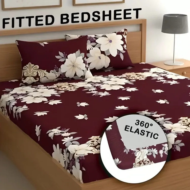 CG Homes 180 TC Fitted Elastic Double Printed Bedsheet With 2 Pillow Cover Cotton (Brown White)