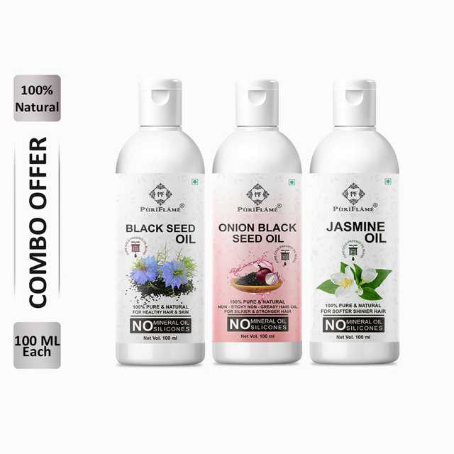 PuriFlame Pure Blackseed Oil (100 ml) & Onionblackseed Oil (100 ml) & Jasmine Oil (100 ml) Combo For Rapid Hair Growth (Pack Of 3) (B-3195)