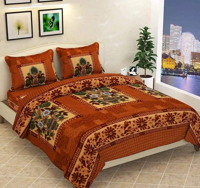 Fleece Floral Flat Bedsheets with Two Pillow Covers (Orange, 108x108 Inches)