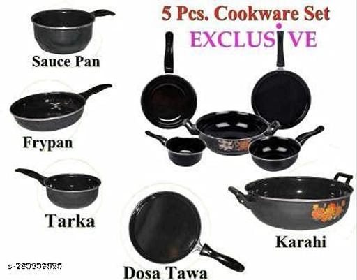 Combo of Sauce Pan, Tadka Pan, Fry Pan, Tawa & Kadai (Black, Set of 5)