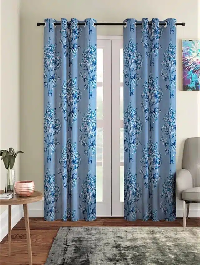 Polyester Printed Window & Door Curtains (Pack of 2) (Blue, 7 feet)