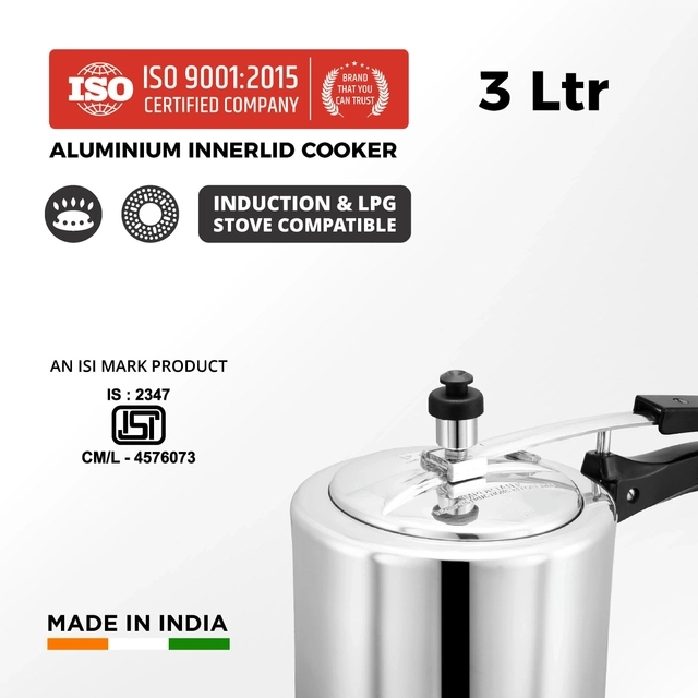 LEORON Aluminium InnerLid  Pressure Cooker Gas Stovetop Compatible (3 Ltr, Pack of 1)